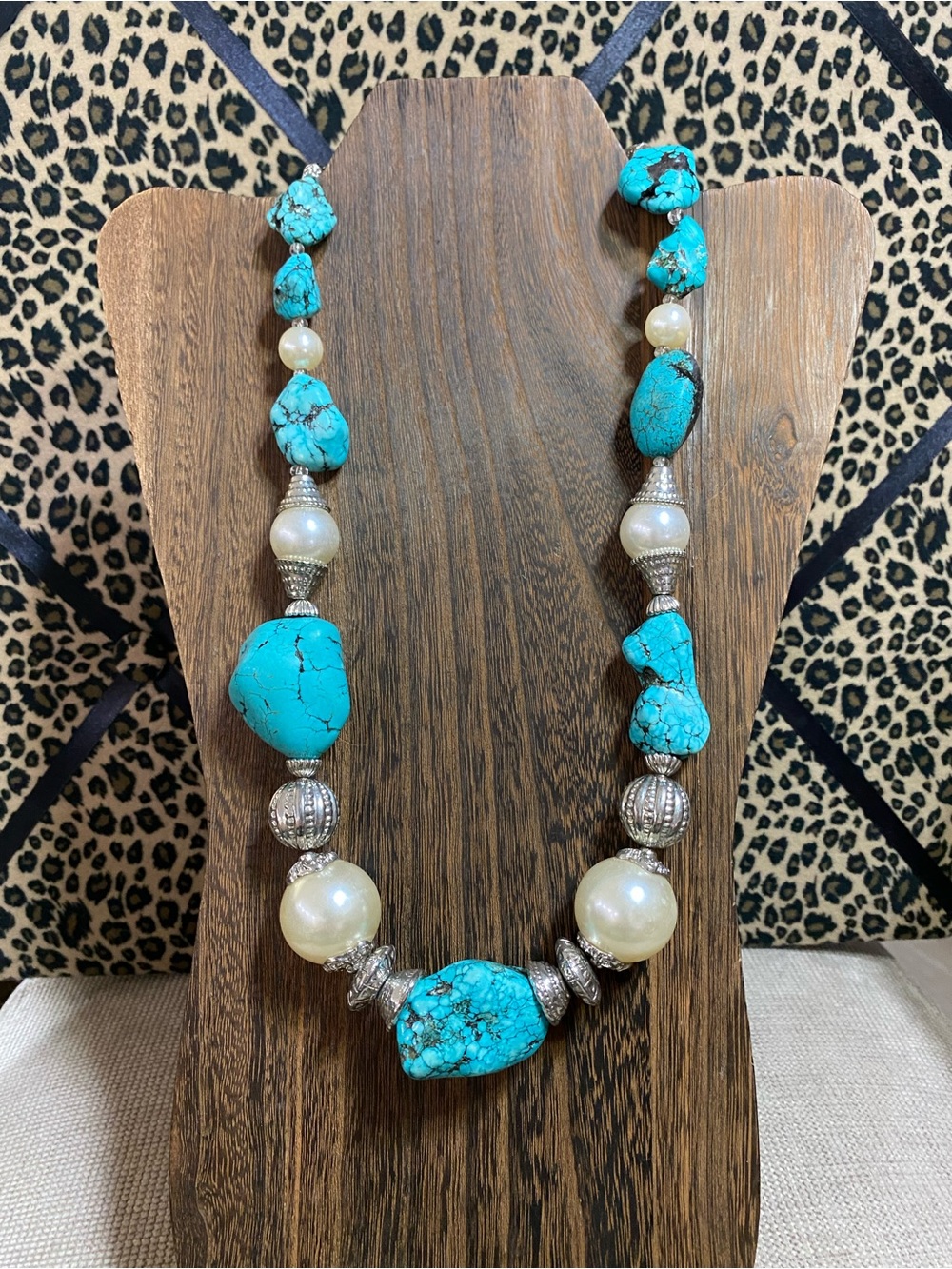 Turquoise and Pearl Statement Necklace Chunky Southwest Boho Style